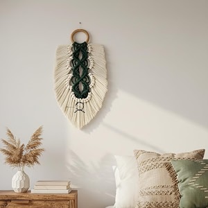 macrame kn0ts handmade boho wall hanging feather design  decorative leaf ornament for bedroom nursery living room gift item