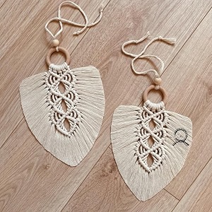 macrame kn0ts set of 2 wall hanging leaf decor  handmade boho feather tapestry with wooden beads  aesthetic home dcor for bedroom nursery and living room