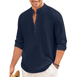 macsivo men39s cotton blend henley short kurta with mandarin collar long sleeeve button closure curved hem regular fit  kurta for men stylish