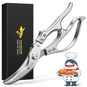 mad shark poultry scissors professional kitchen scissors with non-slip handle and safety lock spring supported dishwasher safe for chicken bones meat turkey fish vegetables silver