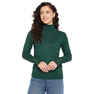 Madame Women Solid Bottle Green Sweater
