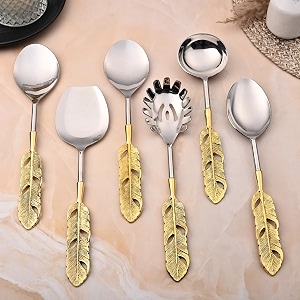 made for you gold polished classique serves designer serving spoon set gift box  flatware cutlery golden amp silver feather antique handle design  made with brass  set of 6