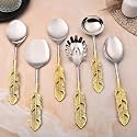 Made for you Gold Polished Classique Serves Designer Serving Spoon Set Gift Box | Flatware Cutlery Golden Feather Antique Handle Design | Made with Brass | Set of 6, 15 Cm