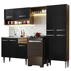 madesa compact kitchen set with cabinets ample storage 229 cm wide with multiple compartments 10 niches 1 drawers and pvc feet - brownblack