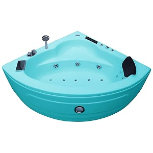 madonna the babe 4 feet corner bathtub with whirlpool bubble and back massage filler set and online heater with digital control panel - cyan blue