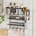 Magheo Hair Dryer Holder Wall Mounted, Adheisve Hair Tool Organizer for hair Brush/Appliance Wall Mount with 4 Tier Shelf Basket Hooks Blow Dryer and Straightener Holder for Bathroom(Black)