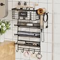 Magheo Hair Dryer Holder Wall Mounted, Adheisve Hair Tool Organizer for hair Brush/Appliance Wall Mount with 5 Tier Shelf Basket Hooks Blow Dryer and Straightener Holder for Bathroom(Black)