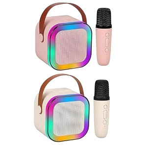magicwand k12pack of 2 speakerspink amp biege 1 mic usb-c-charging kids karaoke microphone wireless bluetooth speaker with rgb led lighting for kids