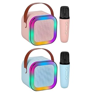 magicwand k12pack of 2 speakers usb-c-charging 1 mic kids karaoke microphone wireless bluetooth speaker with rgb led lighting for kidsblue amp pink