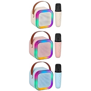 magicwand k12pack of 3 speakers usb-c-charging 1 mic kids karaoke microphone wireless bluetooth speaker with rgb led lighting for kidsbluepinkbeige