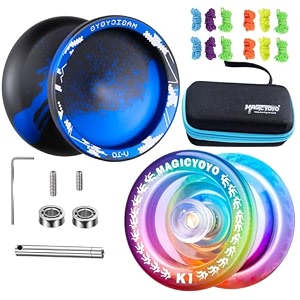 magicyoyo pack of 2 unresponsive v10 and responsive k1 yoyos - plastic for kids metal for adults - with 12 strings and case bag black blue  gradient