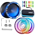 MAGICYOYO Pack of 2: Unresponsive V10 and Responsive K1 Yoyos - Plastic for Kids, Metal for Adults - With 12 Strings and Case Bag (Black Blue + Gradient)