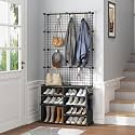 MAGINELS Shoe Rack,Shoe Organizer Storage with Coat Hanger for Entryway,4 Layers Shoe Cabinet with Metal Frame,Shoe Rack with Coat Rack,Shoe Cubby with Removable Hooks,for Hang Clothes,Bag,Hats,Black