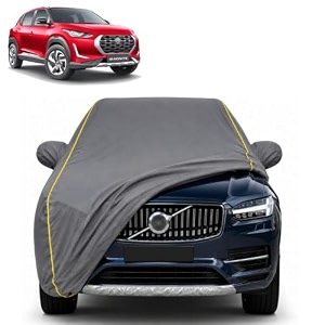 magnite 100 waterproof car cover  dustproof sun protection cover  soft cotton lining  triple stitched  mirror pocket  antenna pocket  all weather body cover grey with yellow piping