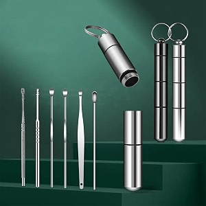 magnova ear wax cleaner - resuable ear cleaner tool set with storage pack - ear wax remover tool kit with ear curette cleaner and spring ear buds cleaner 6 pcs set silver