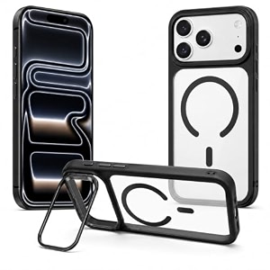 magpro clearback case with stand for apple iphone 17 pro  18 pro anti yellow strong magsafe compatible cover shockproof armor scratch resistant polycarbonate hard back soft tpu bumper black