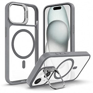 magpro clearback case with stand for apple iphone 15 anti yellow strong magsafe compatible cover shockproof armor scratch resistant polycarbonate hard back with soft tpu bumper grey