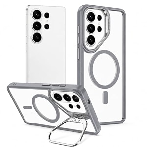 magpro clearback case with stand for samsung galaxy s25 ultra anti yellow strong magsafe compatible cover shockproof armor scratch resistant polycarbonate hard back with soft tpu bumper grey