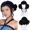 MAGQOO Black Wig with Buns Short Straight Black Bob with Bangs Cartoon Anime Cosplay Costume Halloween