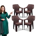 MAHARAJA Plastic Chair Set, Chair for Living Room, Home, Plastic Chair for Home with Arm Rest/Modern Stylish Design with Glossy &amp; Matte Finish Bearing Capacity 200Kg. (Brown, Pack of 4)