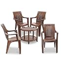MAHARAJA Classic Plastic Table &amp; Chair Set | Elegant Design, Sturdy Build | Perfect for Home, Office &amp; Garden Use (Teakwood, 4 Chair+1 Table)