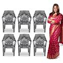 MAHARAJA Plastic Chair Set, Chair for Living Room, Home, Plastic Chair for Home with Arm Rest/Modern Stylish Design with Glossy &amp; Matte Finish Bearing Capacity 200Kg. (Silver, Pack of 6)