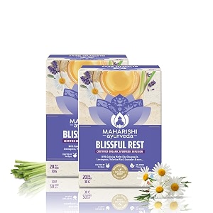 maharishi ayurveda organic certified blissful rest herbal tea  with chamomile lemongrass valerian root amp lavender  supports relaxation calm mind amp restful sleep  20 tea bags 30g pack of 2