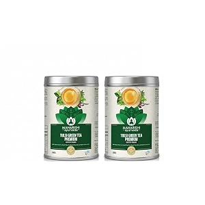 maharishi ayurveda organic certified tulsi green tea premium - 100g  loose leaf green tea with rama krishna amp vana tulsi  rich in antioxidants  supports detox balance amp wellness  pack of 2