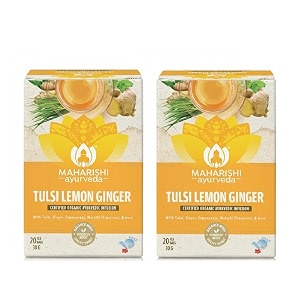 maharishi ayurveda organic certified tulsi lemon ginger herbal tea  with tulsi lemongrass amp ginger  supports immunity digestion amp seasonal comfort  20 tea bags 30g  pack of 2