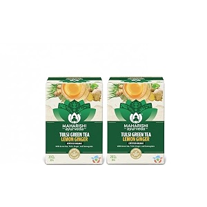 maharishi ayurveda organic certified tulsi green tea lemon ginger  with tulsi green tea ginger amp lemongrass  supports stress relief energy amp balance  20 tea bags 30g  pack of 2