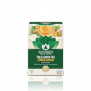 maharishi ayurveda organic certified tulsi green tea lemon ginger  with tulsi green tea ginger amp lemongrass  supports stress relief energy amp balance  20 tea bags 30g