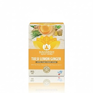 maharishi ayurveda organic certified tulsi lemon ginger herbal tea  with tulsi lemongrass amp ginger  supports immunity digestion amp seasonal comfort  20 tea bags 30g