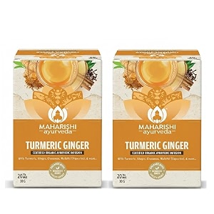 maharishi ayurveda organic certified turmeric ginger herbal tea  with turmeric ginger cinnamon amp liquorice  supports immunity digestion amp inflammation balance  20 tea bags 30g  pack of 2
