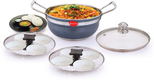 mahavir stainless steel idli cooker multi kadai with glass lid induction  standard idli maker 2 plates 8 idlis 
