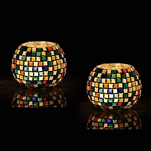 mahganya glass mosaic tealight candle holder for diwali decor christmas decor diwali decoration - pack of 2 green black