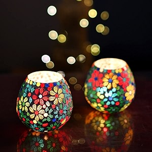 mahganya mosaic glass tealight candle holders decorative items for home set of 2 flower big