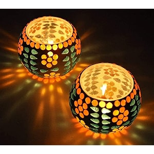 mahganya mosaic glass tealight candle holders decorative items for home pack of 2