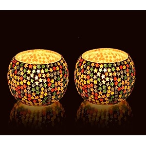 mahganya pack of 2 turkish mosaic glass votive tealight candle holders - decorations items for home table decor gifts glass multi