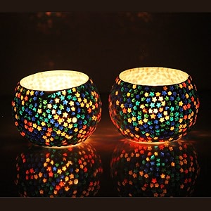 mahganya pack of 2 turkish mosaic glass votive tealight candle holders - decorations items for home table decor gifts glass multi color