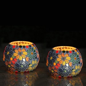 mahganya glass mosaic tealight candle holder for diwali decor christmas decor diwali decoration - pack of 2 small flower