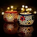 Mahganya Mosaic Glass Tealight Candle Holders Decorative Items for Home Set of 2