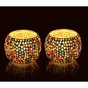 Mahganya Pack of 2 Turkish Mosaic Glass Votive Tealight Candle Holders - Decorations Items for Home Table Decor Gifts (Glass) (Multi)