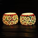 Mahganya Glass Mosaic Tealight Candle Holder for Diwali Decor, Christmas Decor, Diwali Decoration - Pack of 2 (Luster Red)