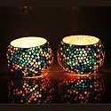 Mahganya Pack of 2 Turkish Mosaic Glass Votive Tealight Candle Holders - Decorations Items for Home Table Decor Gifts (Glass) (Multi Color)