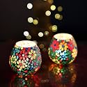 Mahganya Glass Mosaic Tealight Candle Holder for Diwali Decor, Christmas Decor, Diwali Decoration - Pack of 2 (Big Bowl Flower)