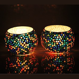 mahganya pack of 2 turkish mosaic glass votive tealight candle holders - decorations items for home table decor gifts glass star multi