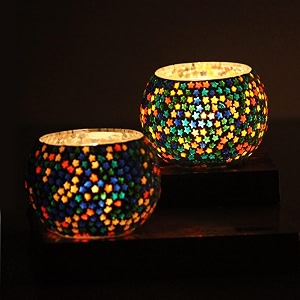 mahganya pack of 2 turkish mosaic glass votive tealight candle holders - decorations items for home table decor gifts glass multi star