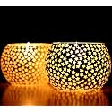 Mahganya Mosaic Glass Tealight Candle Holders Decorative Items for Home Pack of 2 (White Star)