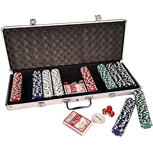 mahi enterprise professional 500 piece poker set with cushioned aluminium carry case holder - complete with 2 card decks 5 red dice and 115g official casino grade chips