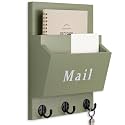 Mail and Key Holder - Decorative 8.86" x 11.42" Wall Key Hanger with 2 Mail Organizer Slots and 3 Hooks - Real Paulownia Wood with Keyhole Brackets, Hardware and Instructions (Sage Green)